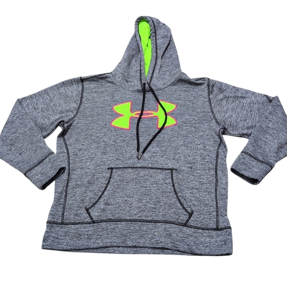 Under Armour Sweatshirt Heathered Gray Dri Fit Hoodie  Neon Green Logo Cold Gear - Picture 2 of 12